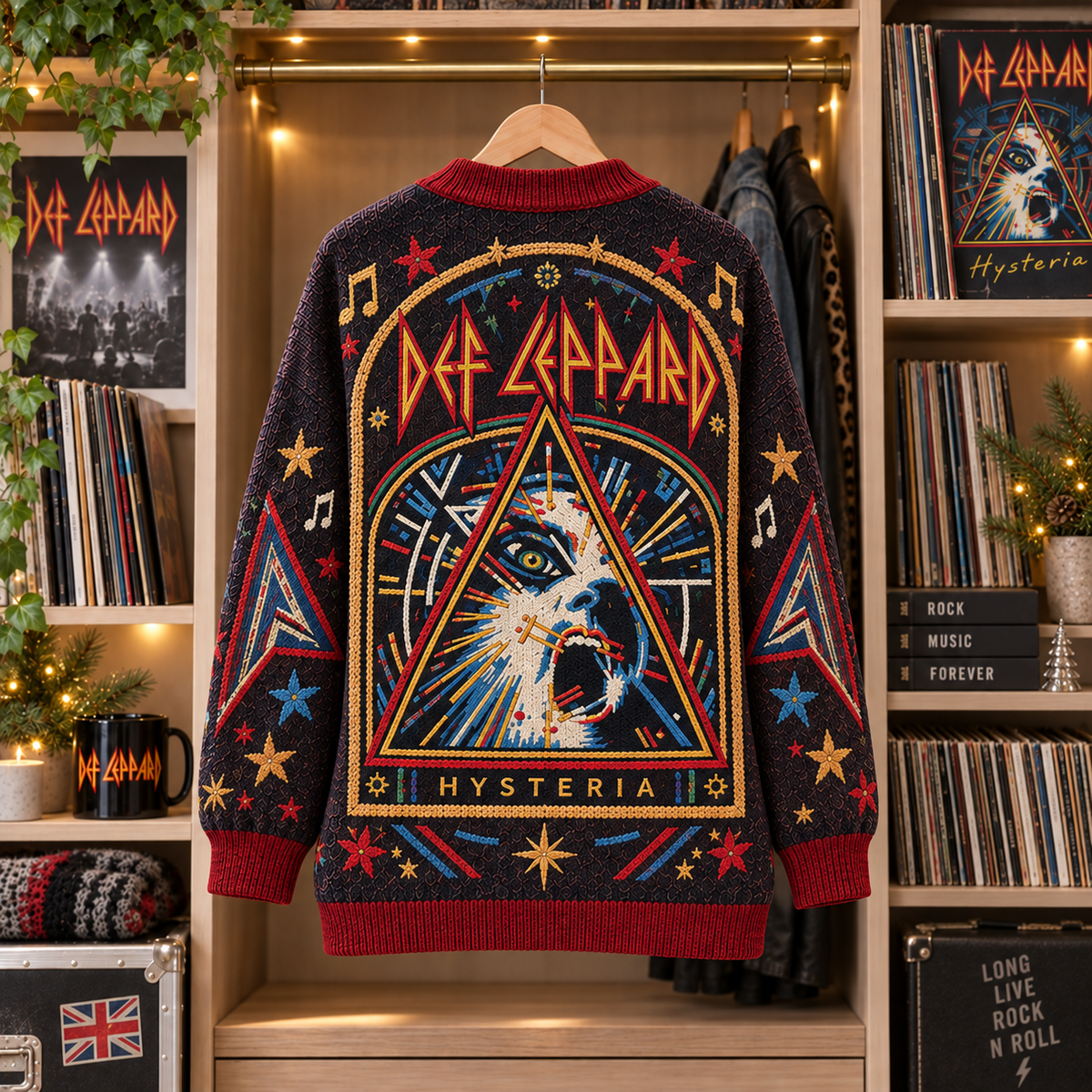 Def Leppard Patchwork Cardigan, Pyromania Hysteria Adrenalize Knit Sweater, Vintage Hard Rock Band Cardigan Gift