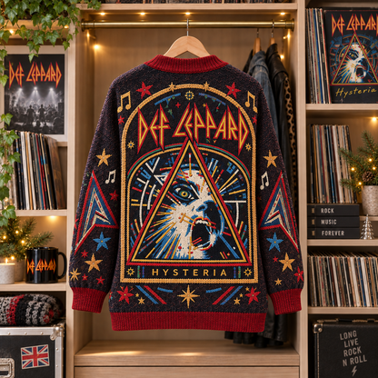 Def Leppard Patchwork Cardigan, Pyromania Hysteria Adrenalize Knit Sweater, Vintage Hard Rock Band Cardigan Gift