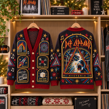 Def Leppard Patchwork Cardigan, Pyromania Hysteria Adrenalize Knit Sweater, Vintage Hard Rock Band Cardigan Gift