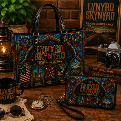 Lynyrd Skynyrd Leather Handbag, Leather Tote Bag, Leather Wallet Set - Stained Glass Lynyrd Skynyrd Band Fan Gift, Luxury Rock Music Accessories