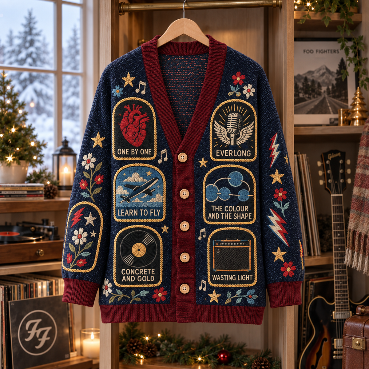 Foo Fighters Patchwork Cardigan, Everlong Learn to Fly One by One Knit Sweater, Vintage Alternative Rock Cardigan Gift