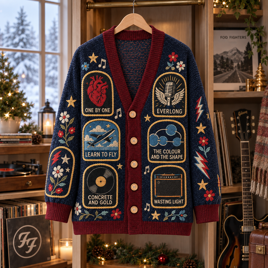 Foo Fighters Patchwork Cardigan, Everlong Learn to Fly One by One Knit Sweater, Vintage Alternative Rock Cardigan Gift