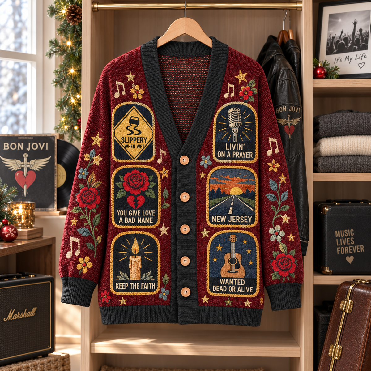 Bon Jovi Patchwork Cardigan, Livin’ on a Prayer Slippery When Wet Knit Sweater, Vintage Rock Music Cardigan Gift
