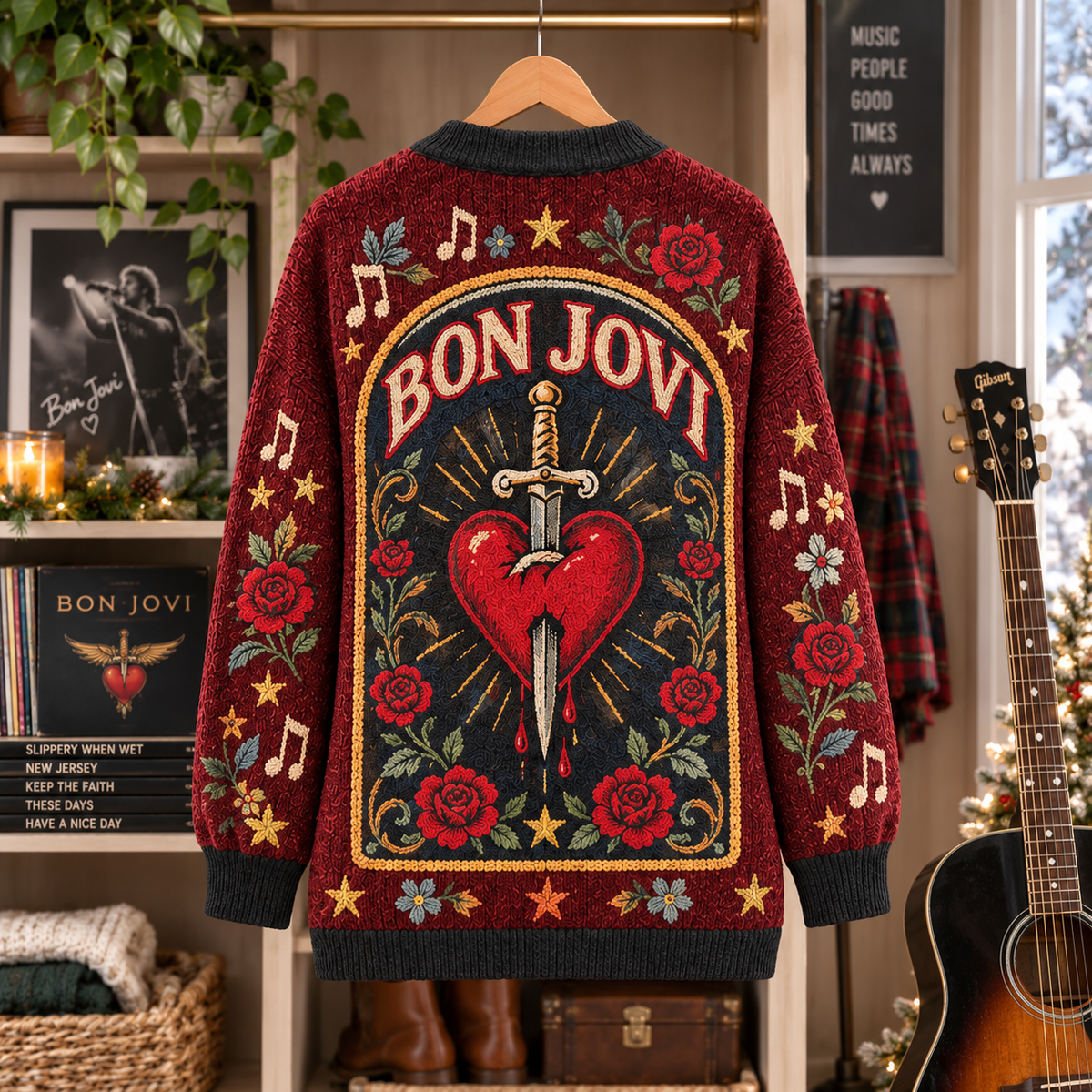 Bon Jovi Patchwork Cardigan, Livin’ on a Prayer Slippery When Wet Knit Sweater, Vintage Rock Music Cardigan Gift