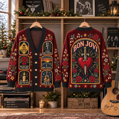 Bon Jovi Patchwork Cardigan, Livin’ on a Prayer Slippery When Wet Knit Sweater, Vintage Rock Music Cardigan Gift