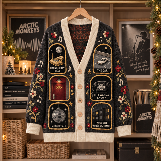 Arctic Monkeys Patchwork Cardigan, AM 505 Do I Wanna Know Knit Sweater, Indie Rock Vintage Cardigan Gift