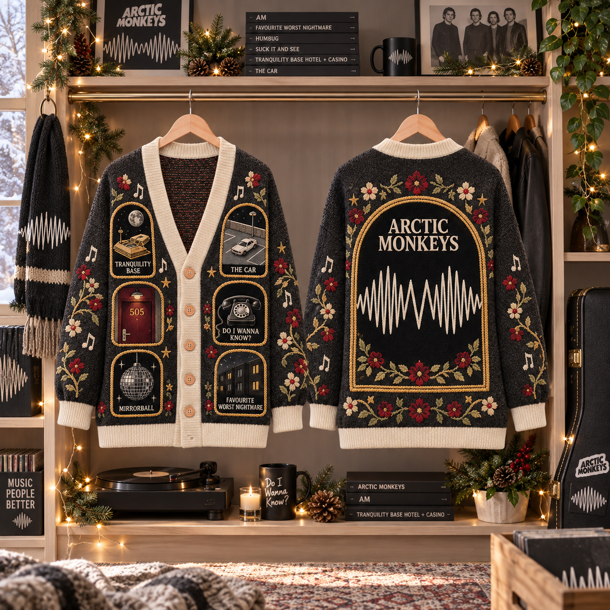 Arctic Monkeys Patchwork Cardigan, AM 505 Do I Wanna Know Knit Sweater, Indie Rock Vintage Cardigan Gift