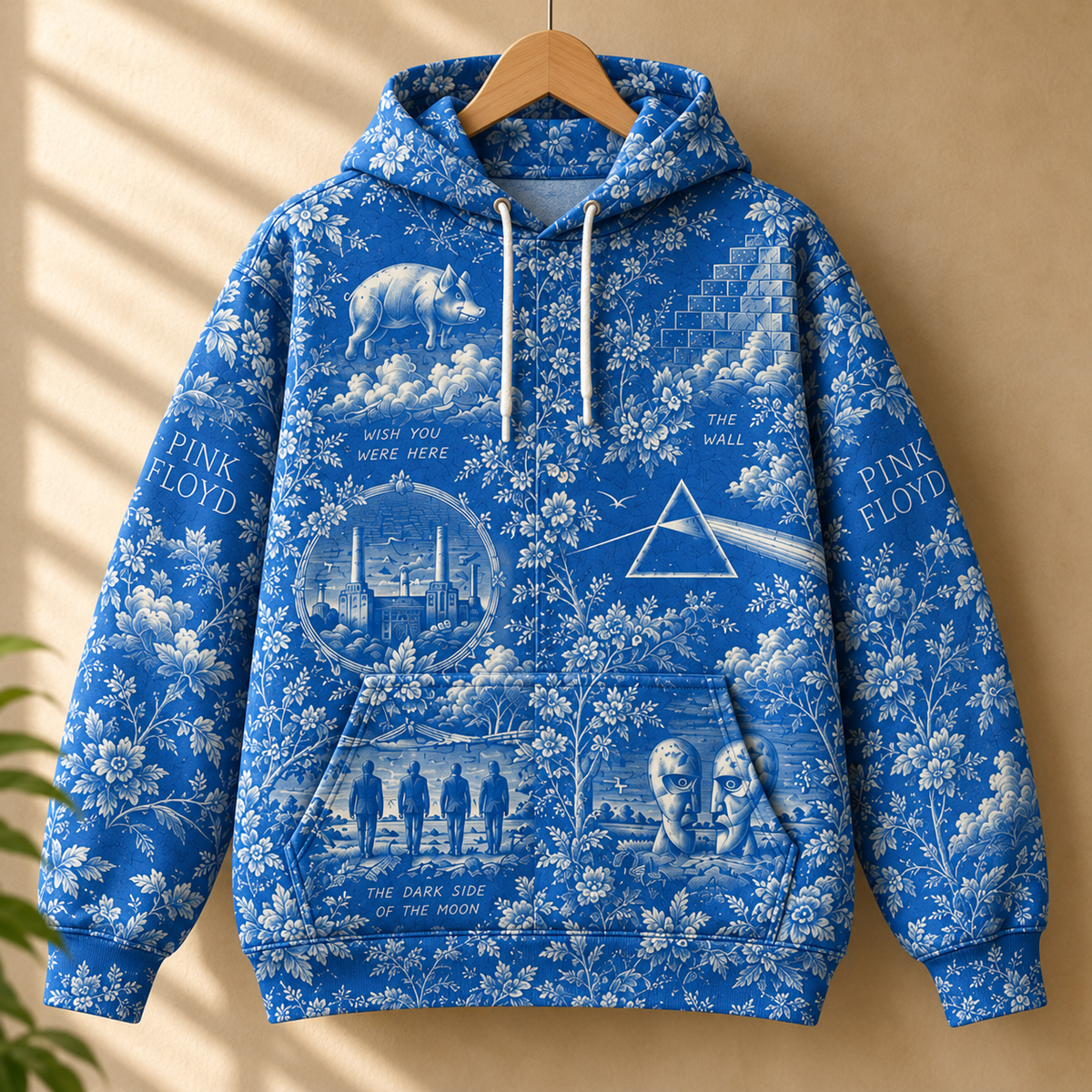 Pink Floyd Blue Porcelain Hoodie – Dark Side of the Moon & Wish You Were Here Rock Music Pullover, Vintage Band Fan Gift