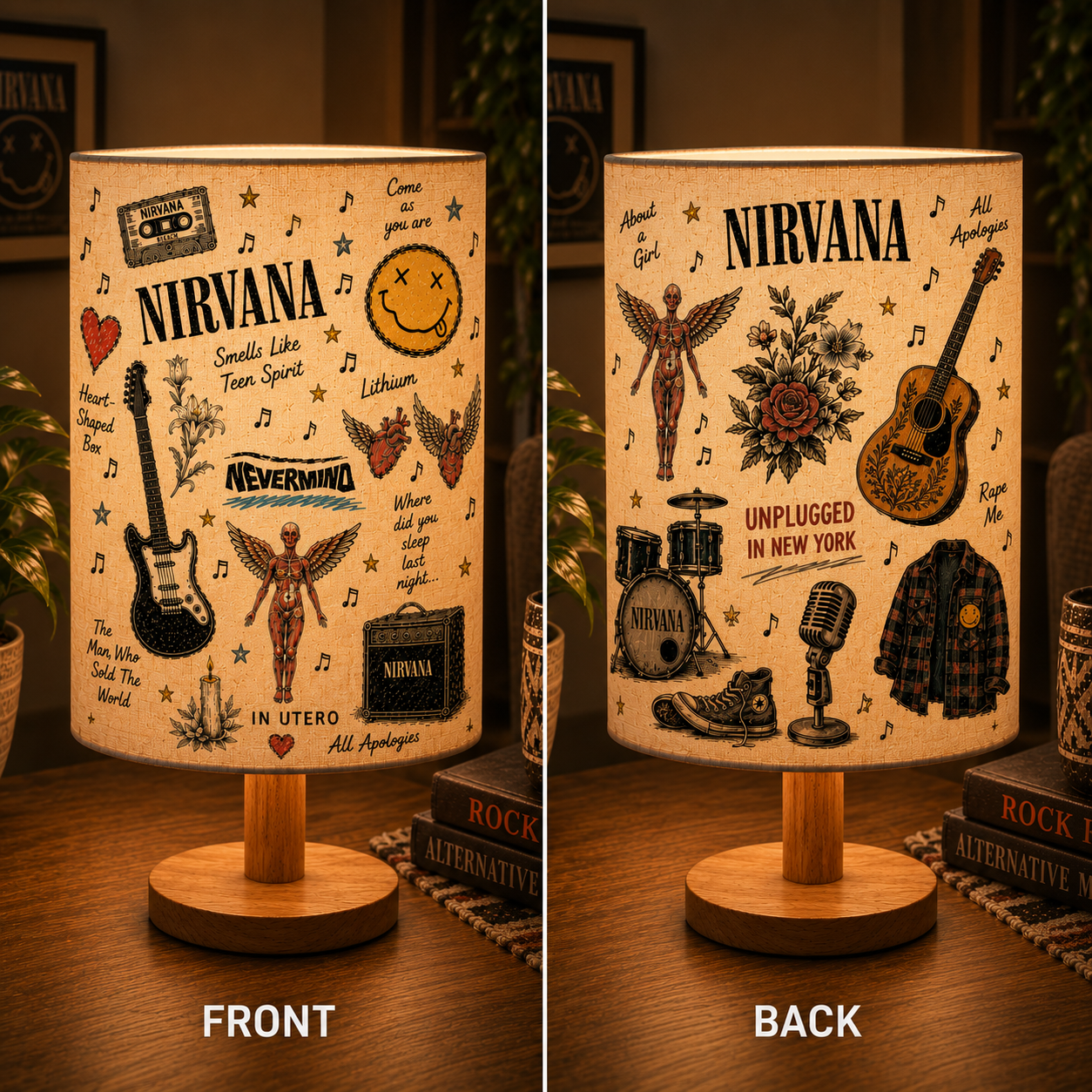 Nirvana Sketch Fabric Table Lamp – Grunge Music Room Decor Wooden Bedside Lamp