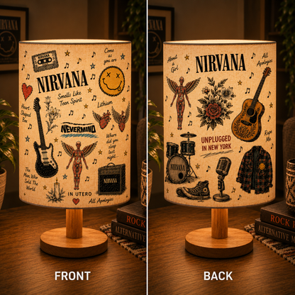 Nirvana Sketch Fabric Table Lamp – Grunge Music Room Decor Wooden Bedside Lamp