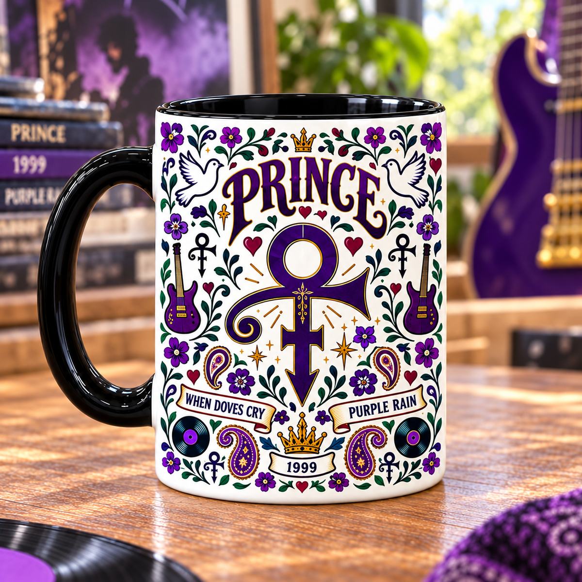 Prince Purple Rain Nordic Folk Mug, When Doves Cry & Raspberry Beret Coffee Cup, 1999 Music Lover Gift