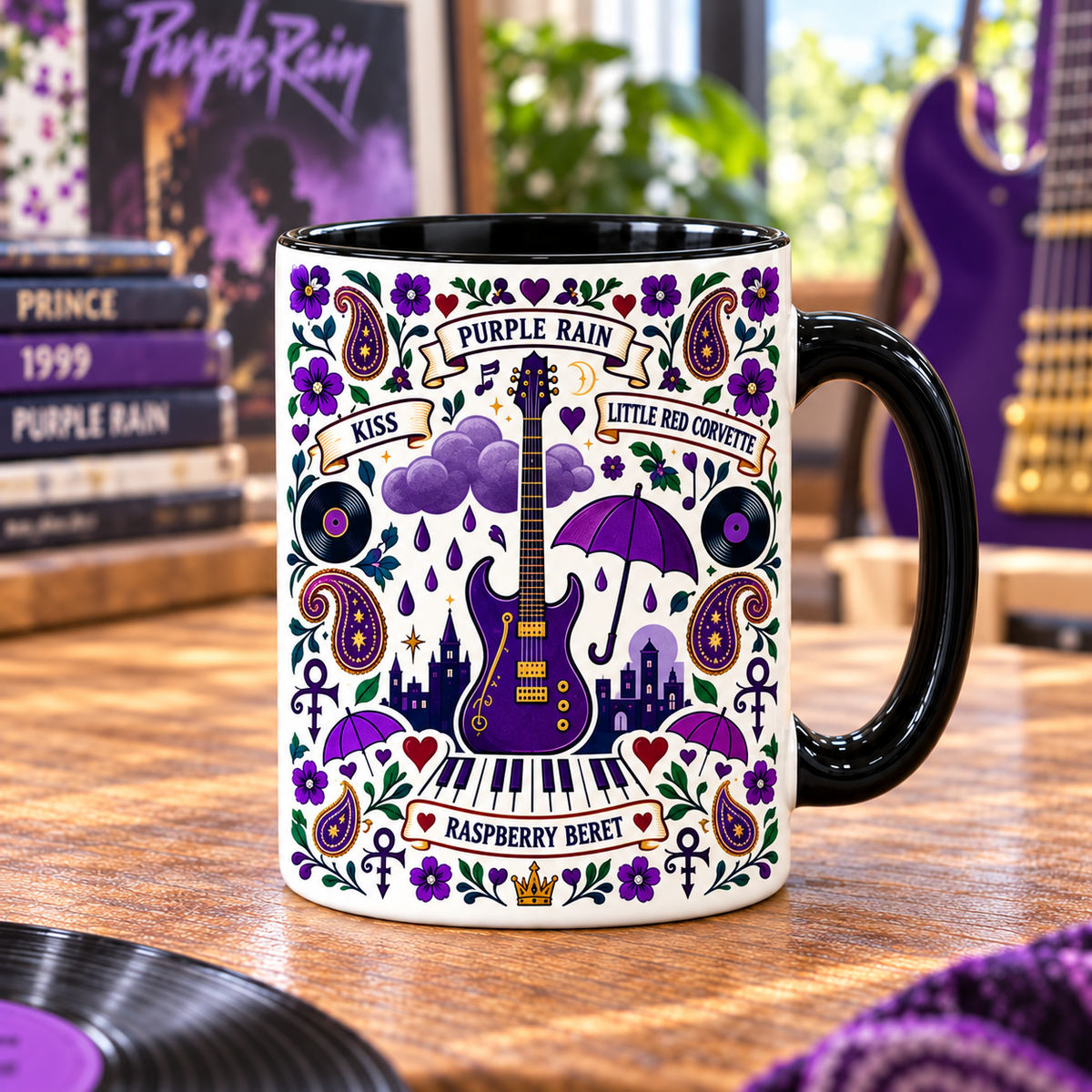 Prince Purple Rain Nordic Folk Mug, When Doves Cry & Raspberry Beret Coffee Cup, 1999 Music Lover Gift