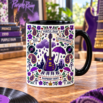 Prince Purple Rain Nordic Folk Mug, When Doves Cry & Raspberry Beret Coffee Cup, 1999 Music Lover Gift