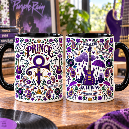 Prince Purple Rain Nordic Folk Mug, When Doves Cry & Raspberry Beret Coffee Cup, 1999 Music Lover Gift