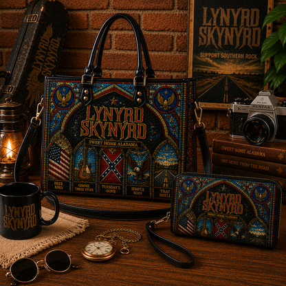 Lynyrd Skynyrd Leather Handbag, Leather Tote Bag, Leather Wallet Set - Stained Glass Lynyrd Skynyrd Band Fan Gift, Luxury Rock Music Accessories