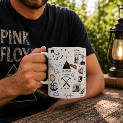Pink Floyd Sketch Icon Collage Mug, Dark Side of the Moon and Wish You Were Here Coffee Cup, Classic Rock Fan Gift