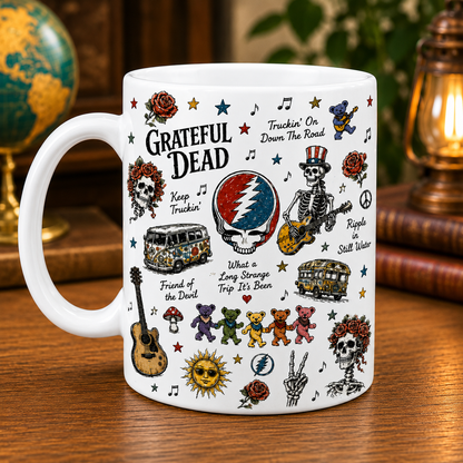 Grateful Dead Sketch Icon Collage Mug, Steal Your Face Dancing Bears Coffee Cup, Psychedelic Rock Fan Gift