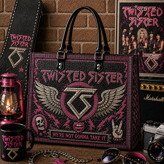 Twisted Sister Leather Handbag, Leather Tote Bag, Leather Wallet Set - Stained Glass Mosaic Twisted Sister Band Fan Gift, Luxury Rock Music Accessories