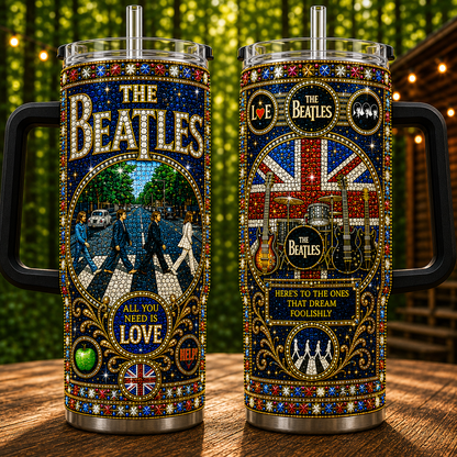 The Beatles 40oz Rhinestone Insulated Tumbler with Handle - Stainless Steel Travel Mug with Straw and Lid