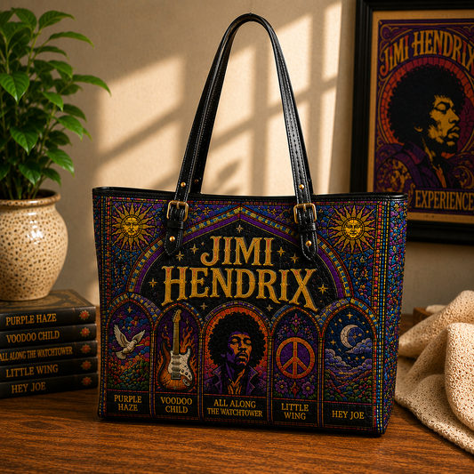 Jimi Hendrix Leather Handbag, Leather Tote Bag, Leather Wallet Set - Stained Glass Jimi Hendrix Band Fan Gift, Luxury Rock Music Accessories