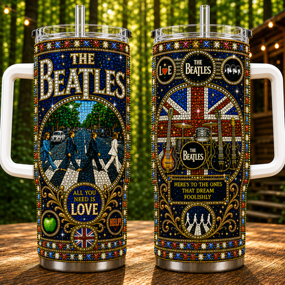 The Beatles 40oz Rhinestone Insulated Tumbler with Handle - Stainless Steel Travel Mug with Straw and Lid