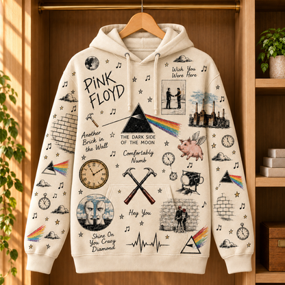 Pink Floyd Vintage Collage Hoodie – Dark Side of the Moon, The Wall & Wish You Were Here Rock Pullover
