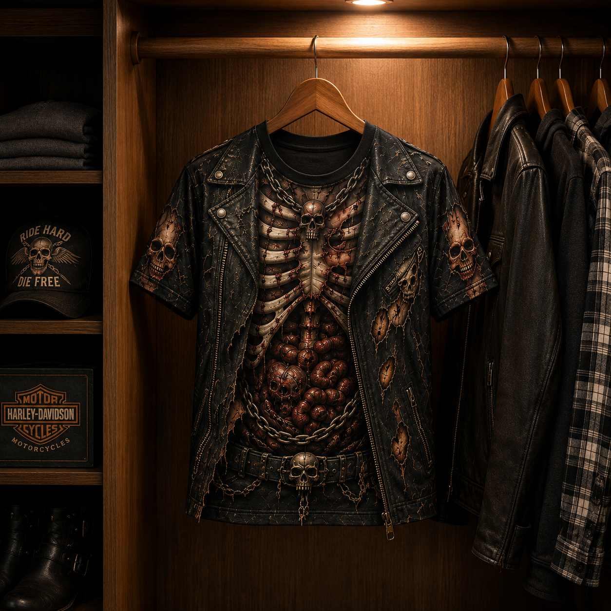Funny Zombie Skeleton Costume T-Shirt – Horror Fake Body Illusion Tee, Gothic Biker Shirt, Halloween Gift for Men & Women
