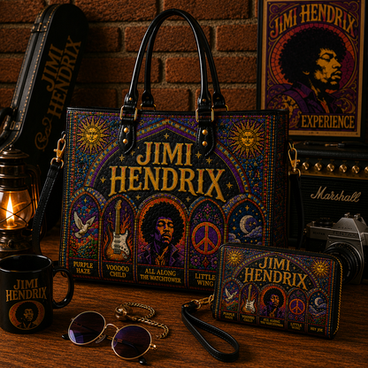 Jimi Hendrix Leather Handbag, Leather Tote Bag, Leather Wallet Set - Stained Glass Jimi Hendrix Band Fan Gift, Luxury Rock Music Accessories