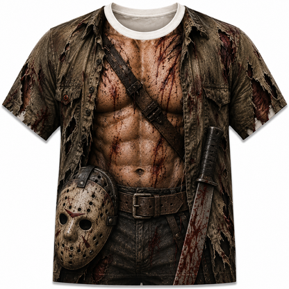 Jason Voorhees 3D All Over Print T-Shirt – Horror Slasher Costume Shirt, Hockey Mask Graphic Tee, Camp Crystal Lake Inspired Halloween Gift