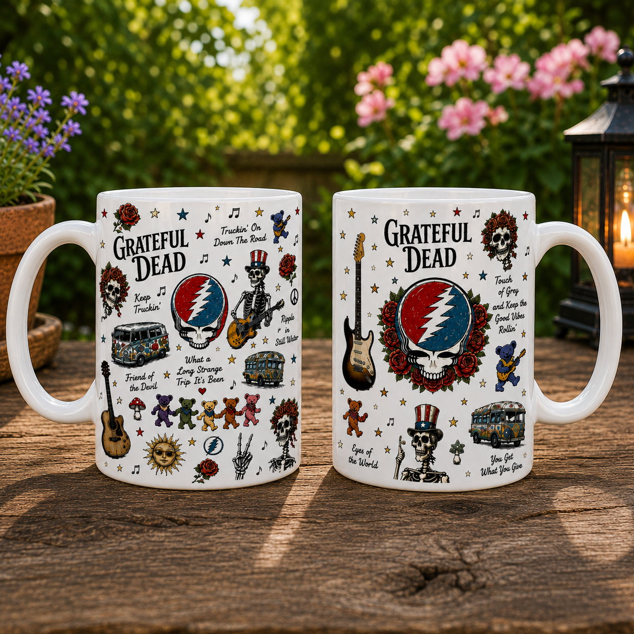 Grateful Dead Sketch Icon Collage Mug, Steal Your Face Dancing Bears Coffee Cup, Psychedelic Rock Fan Gift