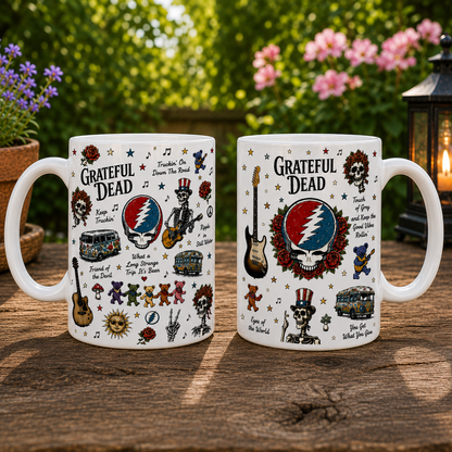 Grateful Dead Sketch Icon Collage Mug, Steal Your Face Dancing Bears Coffee Cup, Psychedelic Rock Fan Gift