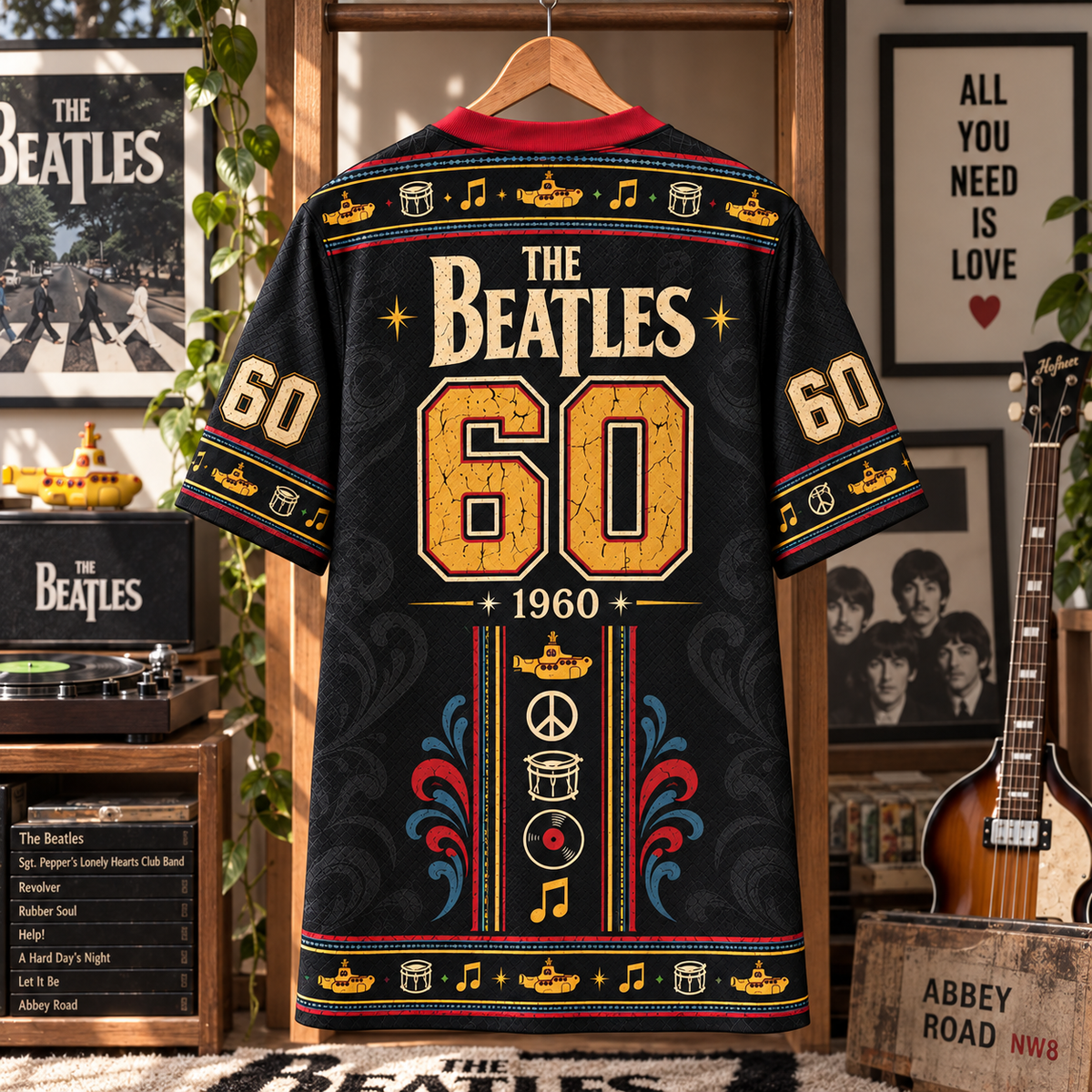 The Beatles 60 Jersey Shirt, Abbey Road Yellow Submarine All You Need Is Love Music Jersey, Vintage Rock Band Gift