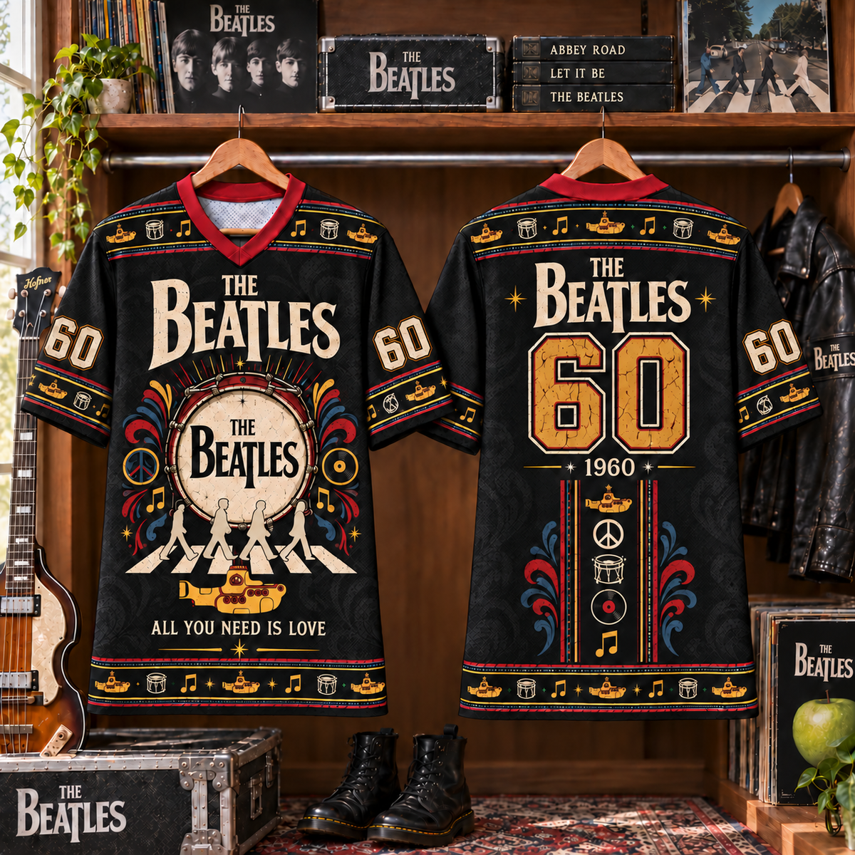 The Beatles 60 Jersey Shirt, Abbey Road Yellow Submarine All You Need Is Love Music Jersey, Vintage Rock Band Gift