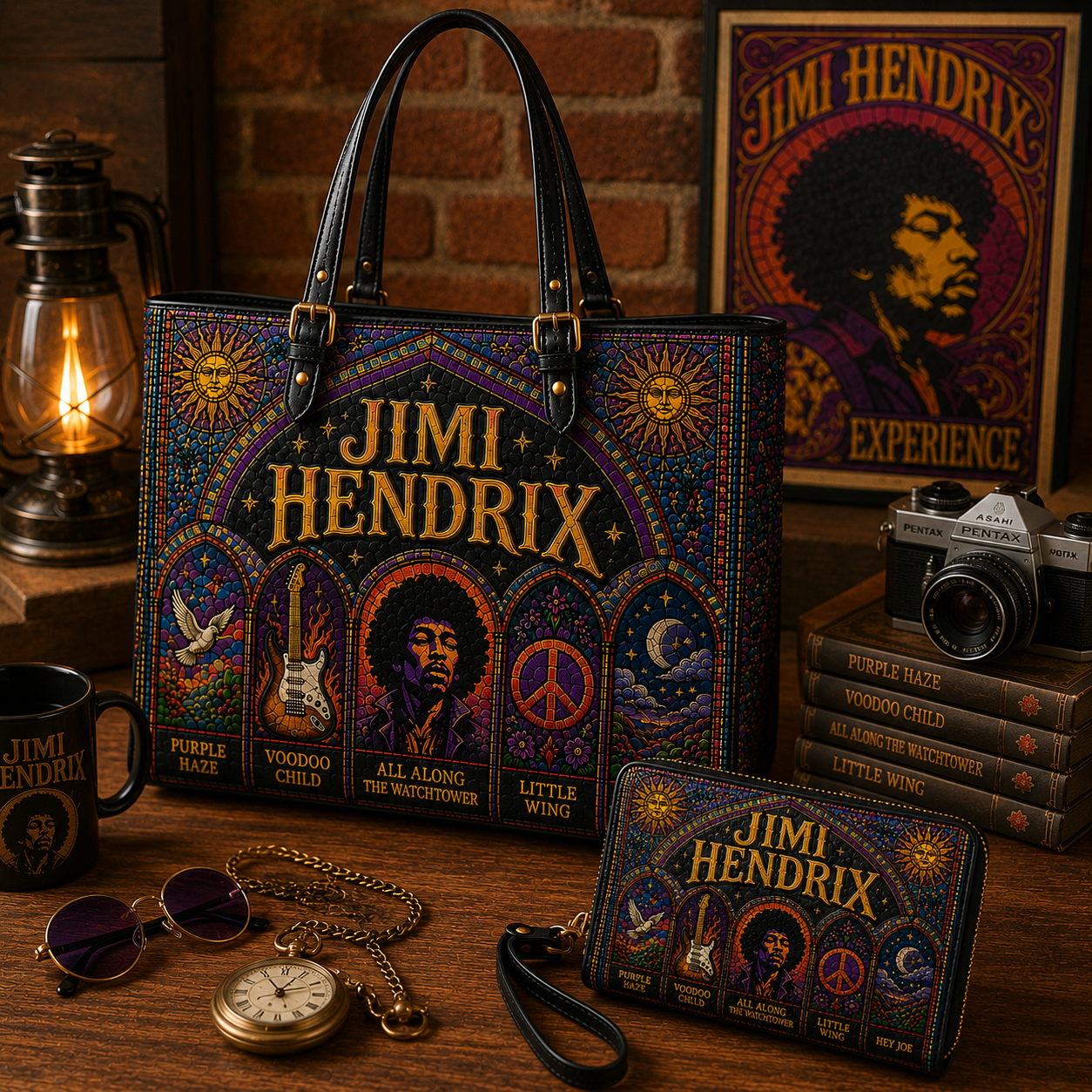 Jimi Hendrix Leather Handbag, Leather Tote Bag, Leather Wallet Set - Stained Glass Jimi Hendrix Band Fan Gift, Luxury Rock Music Accessories