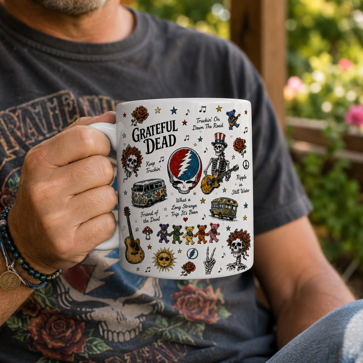 Grateful Dead Sketch Icon Collage Mug, Steal Your Face Dancing Bears Coffee Cup, Psychedelic Rock Fan Gift