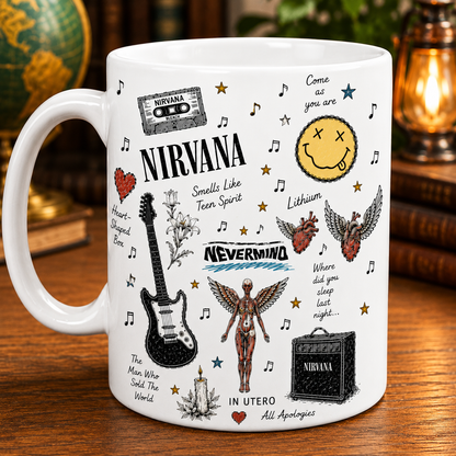 Nirvana Sketch Icon Collage Mug, Smells Like Teen Spirit and In Utero Coffee Cup, Grunge Rock Fan Gift