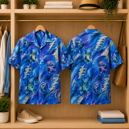 Grateful Dead Dancing Bears Painterly Hawaiian Shirt - Blue Lightning Skull All-Over Print Summer Button-Up Shirt