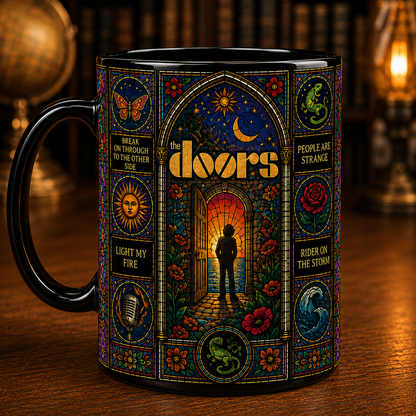 The Doors Stained Glass Black Ceramic Mug – Psychedelic Rock Coffee Mug, Colorful Music Lover Gift, The Doors Inspired Artwork