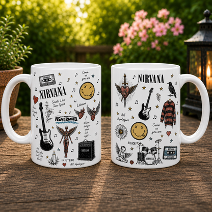 Nirvana Sketch Icon Collage Mug, Smells Like Teen Spirit and In Utero Coffee Cup, Grunge Rock Fan Gift