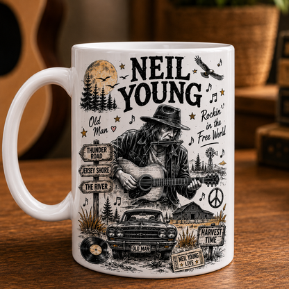 Neil Young Mug – Double-Sided Ceramic Coffee Mug, Harvest & Like a Hurricane Fan Gift for Neil Young Lovers