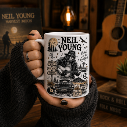 Neil Young Mug – Double-Sided Ceramic Coffee Mug, Harvest & Like a Hurricane Fan Gift for Neil Young Lovers