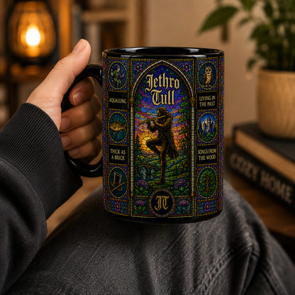 Jethro Tull Stained Glass Black Ceramic Mug – Aqualung Progressive Rock Coffee Mug, Colorful Music Lover Gift, Jethro Tull Inspired Artwork