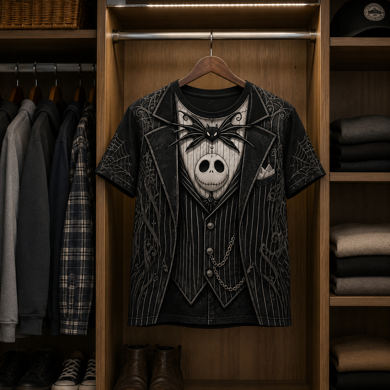 Jack Skellington Costume T-Shirt – Funny Nightmare Before Christmas Inspired Fake Body Illusion Tee, Halloween Skeleton Shirt Gift