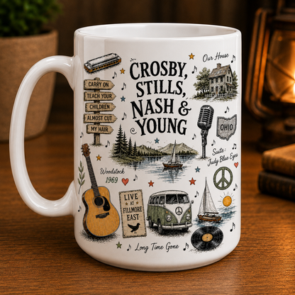 Crosby, Stills, Nash & Young Mug – CSNY Ceramic Coffee Mug, Folk Rock Fan Gift for Crosby Stills Nash & Young Lovers