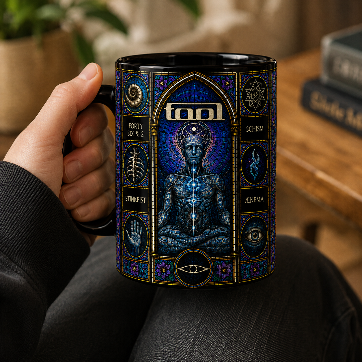 Tool Stained Glass Black Ceramic Mug – Lateralus Inspired Progressive Rock Coffee Mug, Schism & Forty Six & 2 Fan Gift, Colorful Music Lover Mug