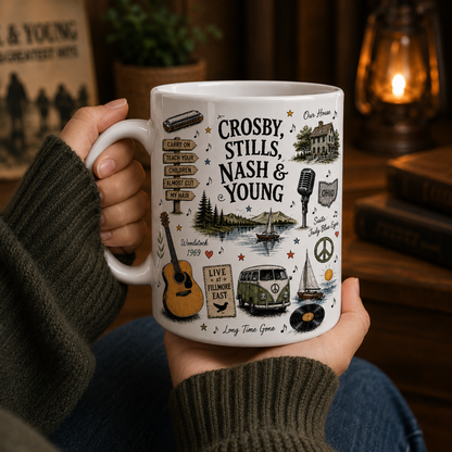Crosby, Stills, Nash & Young Mug – CSNY Ceramic Coffee Mug, Folk Rock Fan Gift for Crosby Stills Nash & Young Lovers