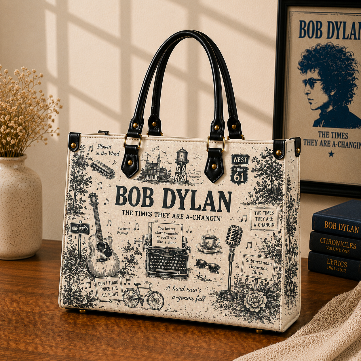 Bob Dylan Vintage Toile Leather Handbag, Leather Tote Bag, Leather Wallet Set - Luxury Rock Music Accessories