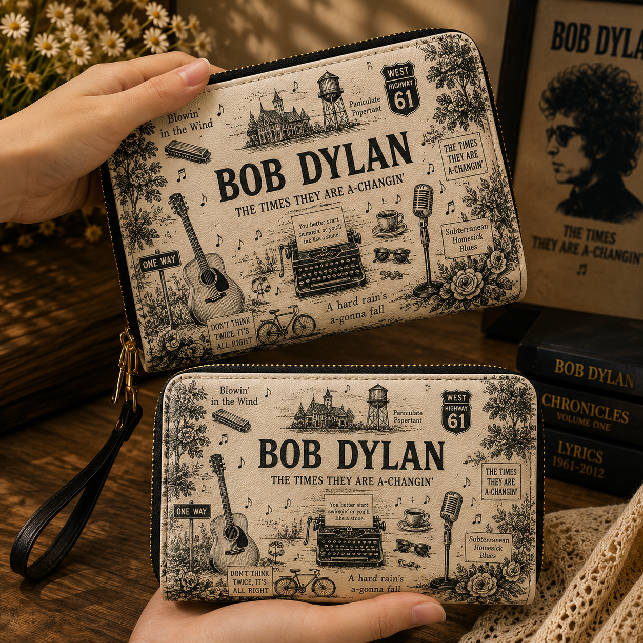 Bob Dylan Vintage Toile Leather Handbag, Leather Tote Bag, Leather Wallet Set - Luxury Rock Music Accessories