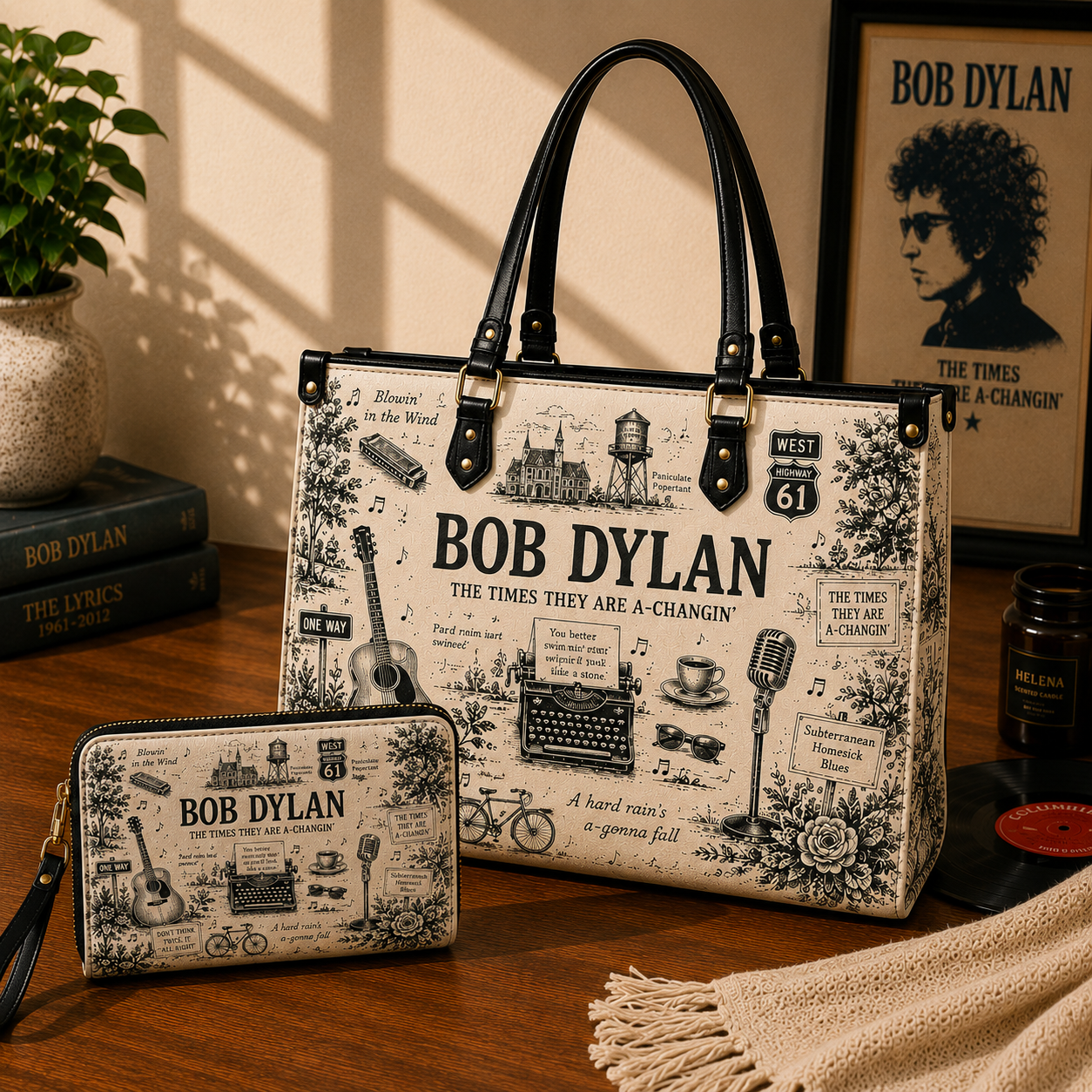 Bob Dylan Vintage Toile Leather Handbag, Leather Tote Bag, Leather Wallet Set - Luxury Rock Music Accessories