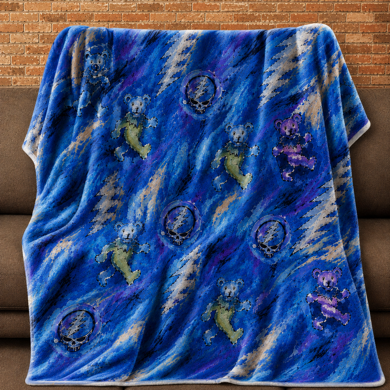 Grateful Dead Dancing Bears Sherpa Blanket, Lightning Bolt Fleece Throw, Psychedelic Jam Band Blanket, Cozy Music Lover Gift